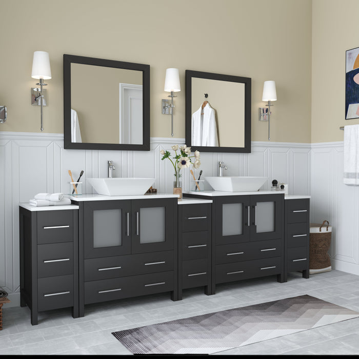 Ravenna 96" Double Sink Bathroom Vanity Combo Set, 13 Drawers 2 Shelves 5 Cabinets Engineered Marble Top and Ceramic Sink Bathroom Cabinet with Mirrors