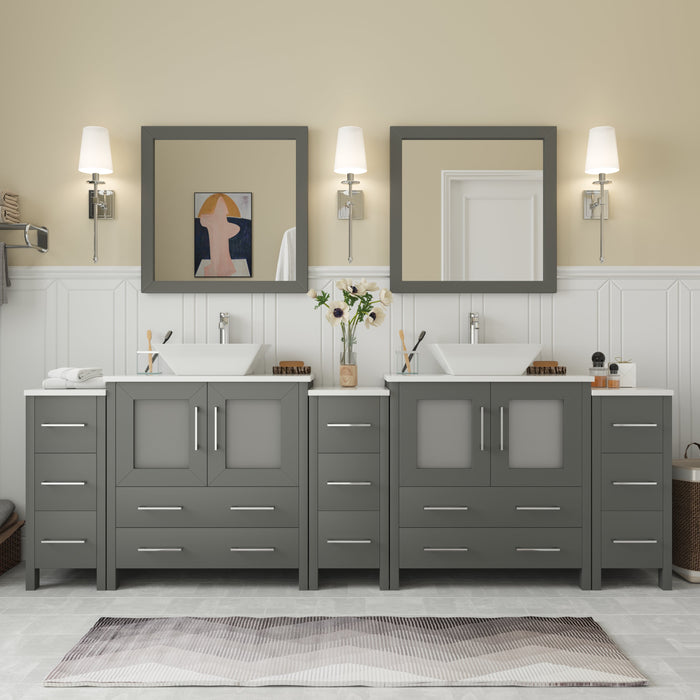 Ravenna 96" Double Sink Bathroom Vanity Combo Set, 13 Drawers 2 Shelves 5 Cabinets Engineered Marble Top and Ceramic Sink Bathroom Cabinet with Mirrors