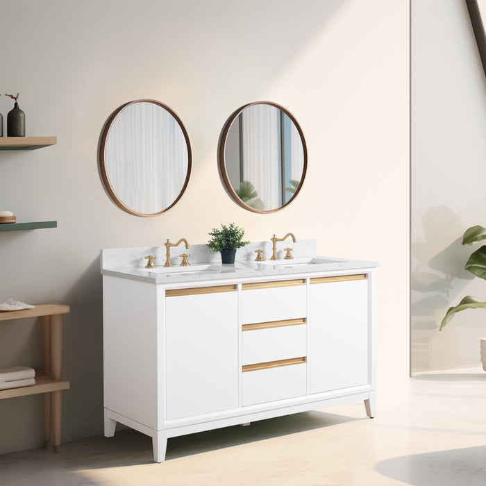 54" Double Sink Bathroom Vanity with Engineered Marble Top, With Soft Closing Doors