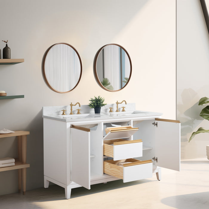 54" Double Sink Bathroom Vanity with Engineered Marble Top, With Soft Closing Doors