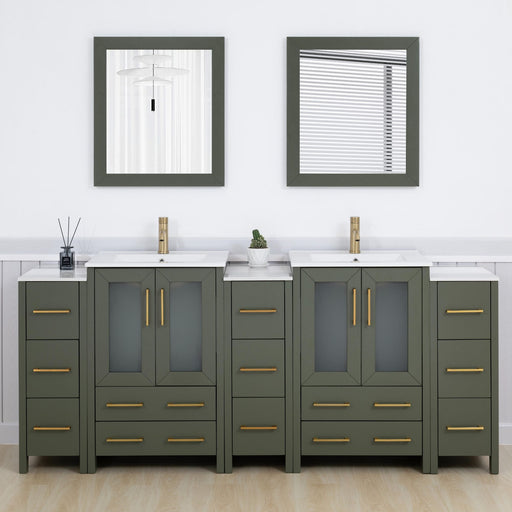 Brescia 84" Double Sink Bathroom Vanity Combo Set, 3 Side Cabinets 2 Shelves Ceramic Top Bathroom Cabinet with Free Mirrors - HomeBeyond