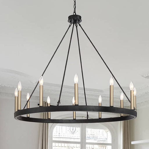 12 Lights Wagon Wheel Chandelier Lighting Farmhouse Candle Ceiling Light Fixtures - HomeBeyond