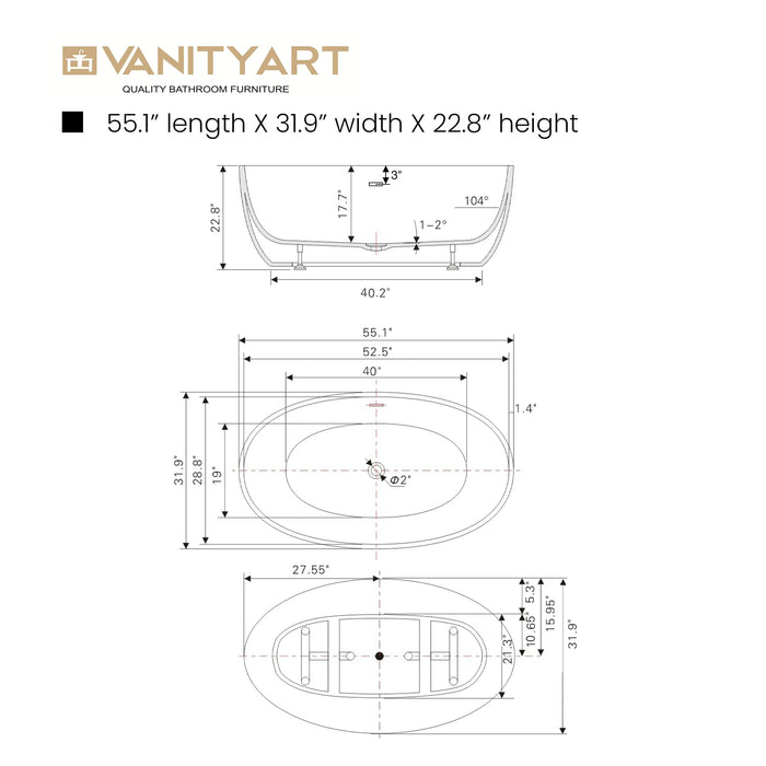 55" X 32" Freestanding Bathtub - HomeBeyond